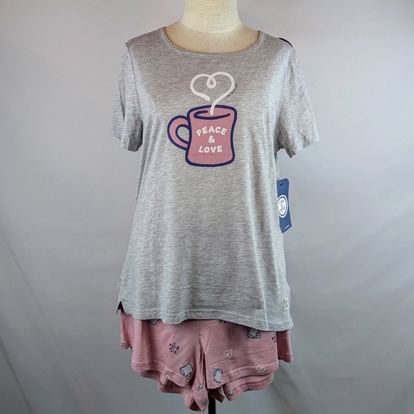 Life Is Good PJ Set Short Sleeve Top Shorts Peace & Love Coffee Grey Pink XL NWT - Picture 2 of 12